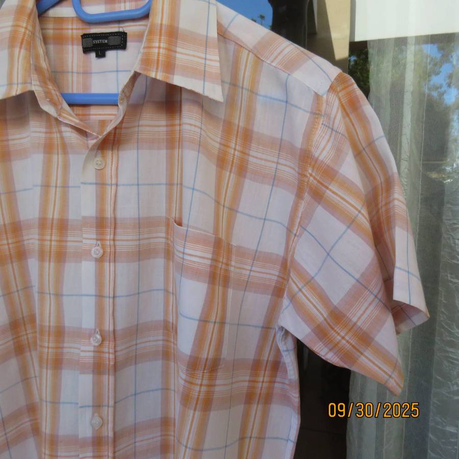 SYSTEM men's short sleeve peach-white and blue check cotton shirt size Medium.