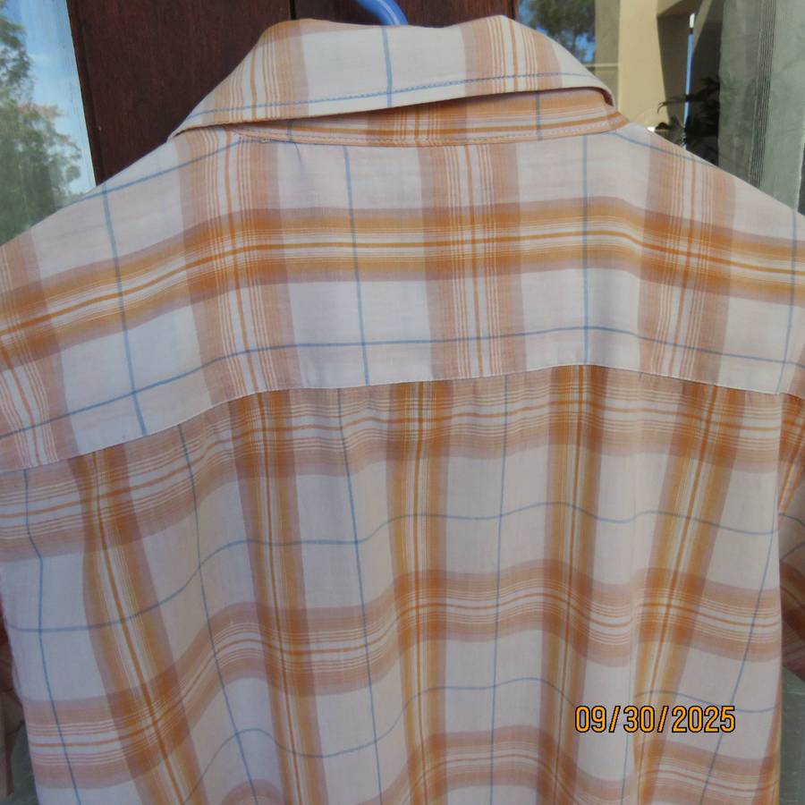 SYSTEM men's short sleeve peach-white and blue check cotton shirt size Medium.