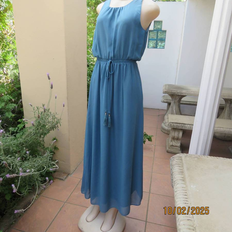 Teal blue maxi sheer fully lined dress with elasticated waist. Size 34