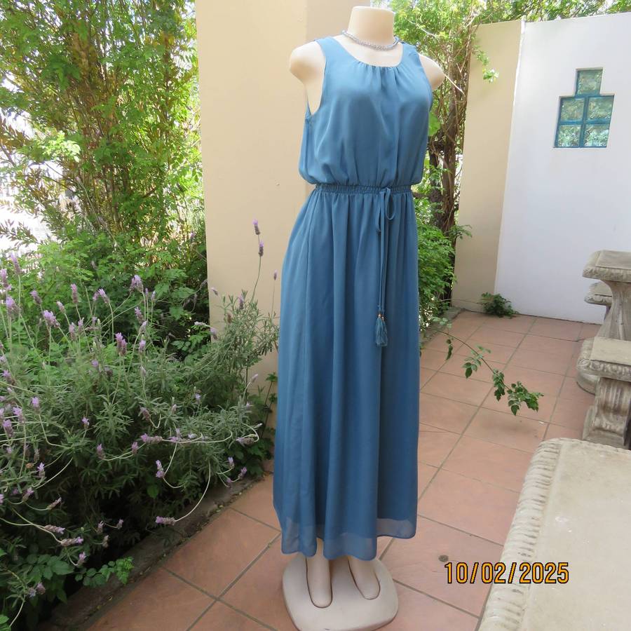 Teal blue maxi sheer fully lined dress with elasticated waist. Size 34