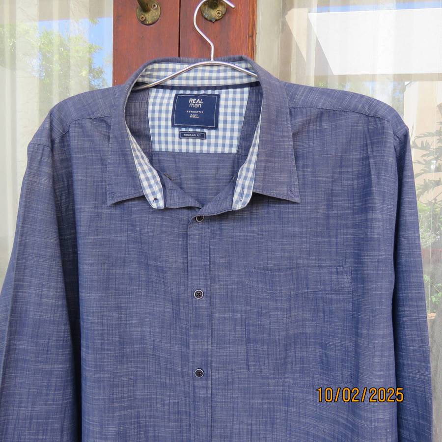 REAL MAN denim blue smart long sleeve shirt in 100% cotton. Size 2XL.