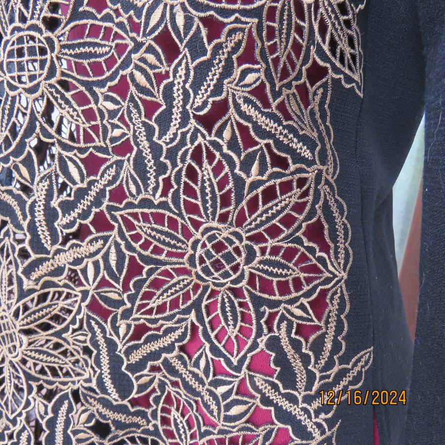 PIKO long sleeve evening jacket with cut-out gold embroidery on fronts.Size 36.Lapel collar.As new