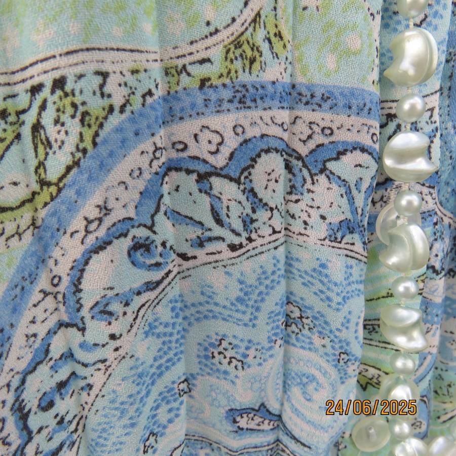 Soft blue-green permanent pleated paisley printed polyester top. Size 38.