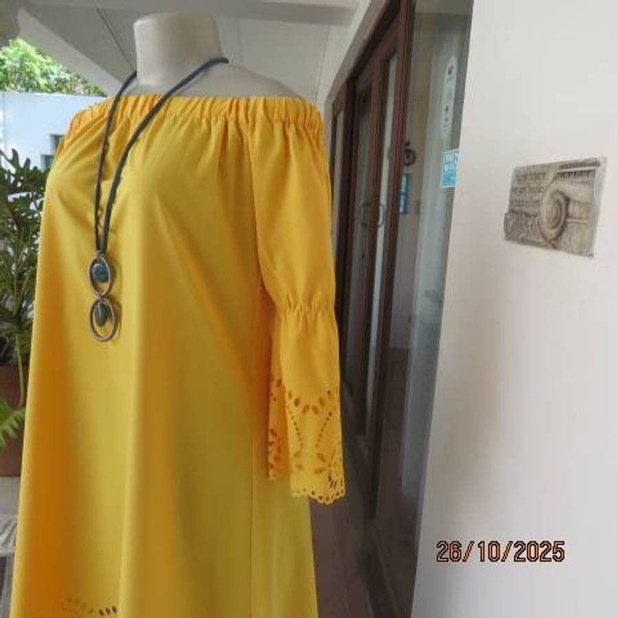 TUSCANY yellow long poly-rayon top with cut-out decoration. Off the shoulder.Size 32