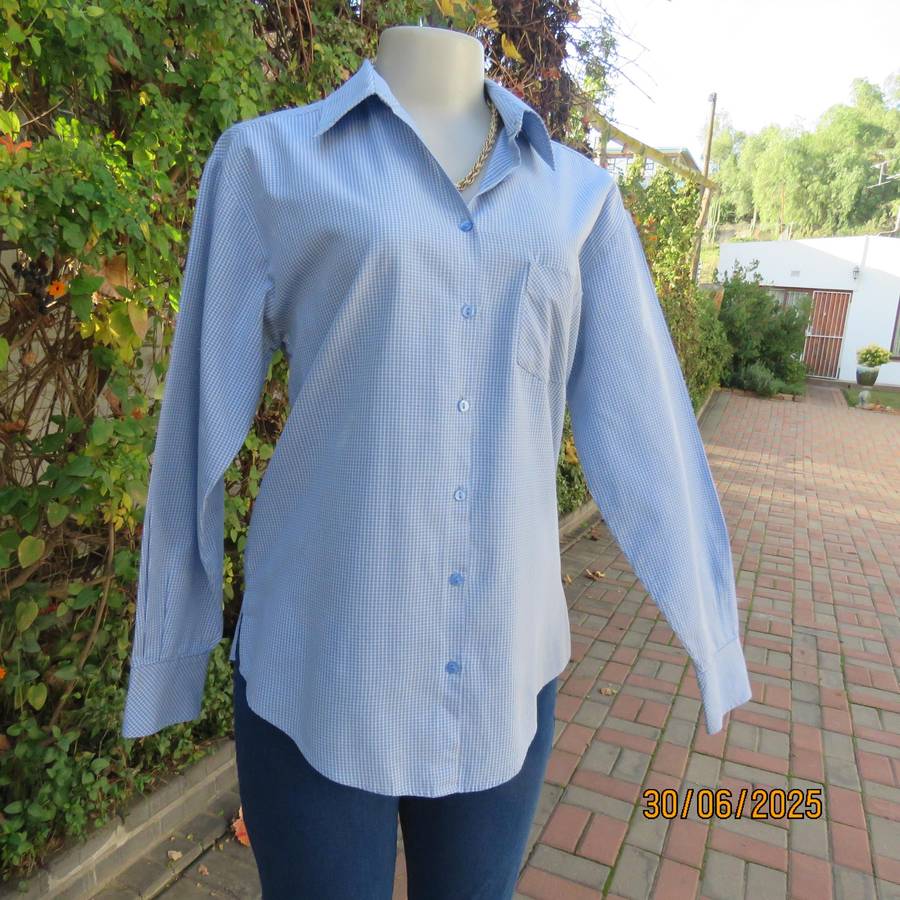 WOOLWORTHS blue-white tiny check long sleeve shirt. Size 36. Polycotton.