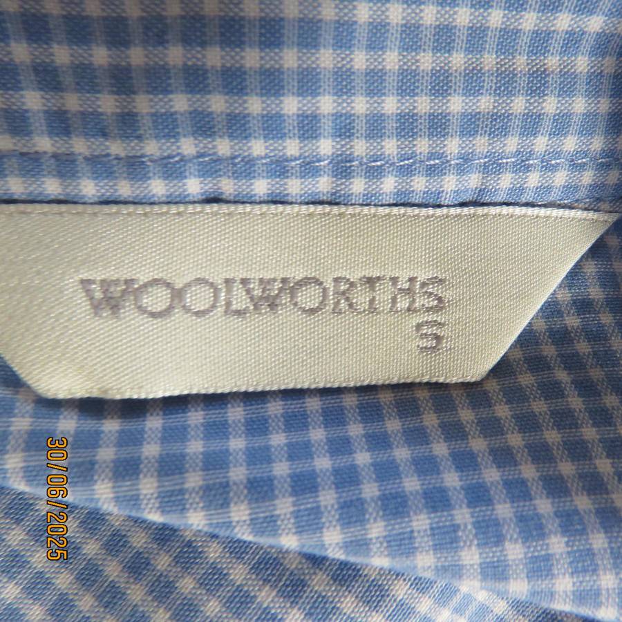 WOOLWORTHS blue-white tiny check long sleeve shirt. Size 36. Polycotton.