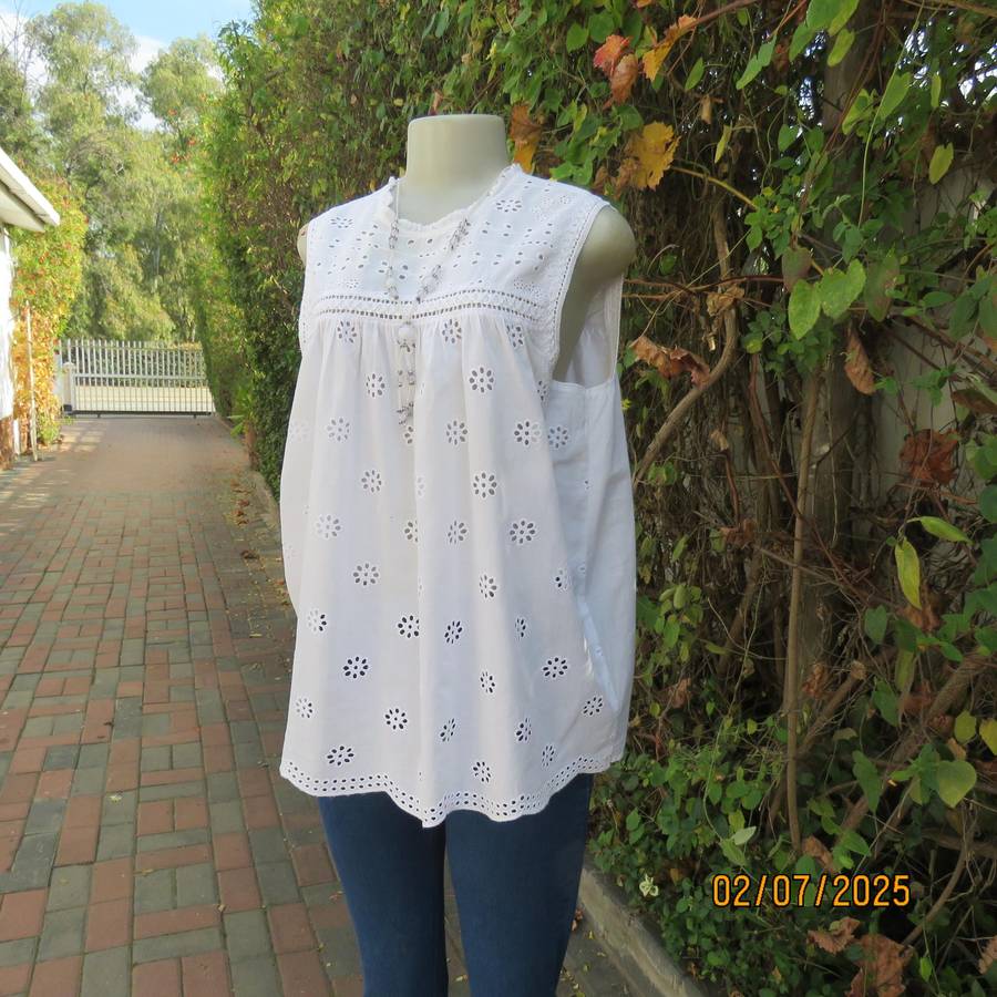 REAL WOMAN white fine cotton sleeveless top with eyelet embroidery on front. Size 40