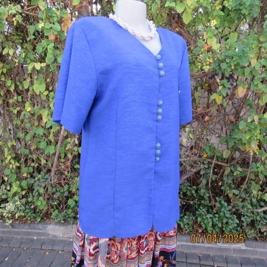 RHAPSODY royal blue textured satin button down V front jacket size 38