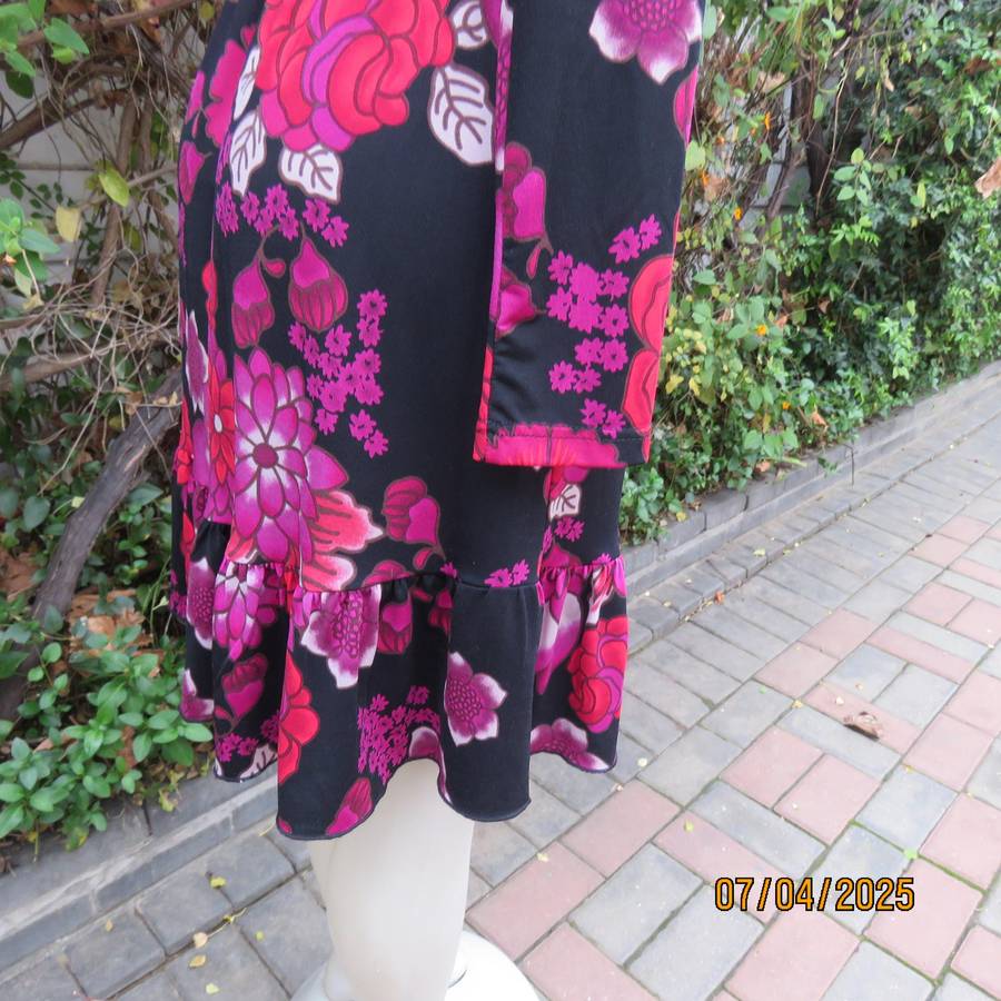 OASIS black stretch polyester with red-lilac floral print slip over long sleeve dress. Size 33