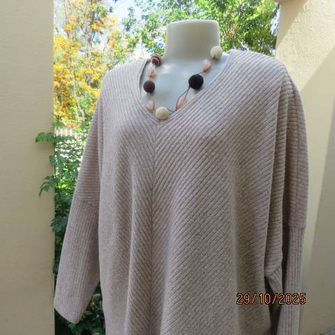 NUTMEG knitted beige polyester-viscose stretch slip over long sleeve top. From U.K. Size 46