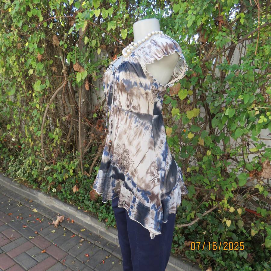 NEWS high-low empire style lined sheer polyester top in blue-cream and brown print. Size 34