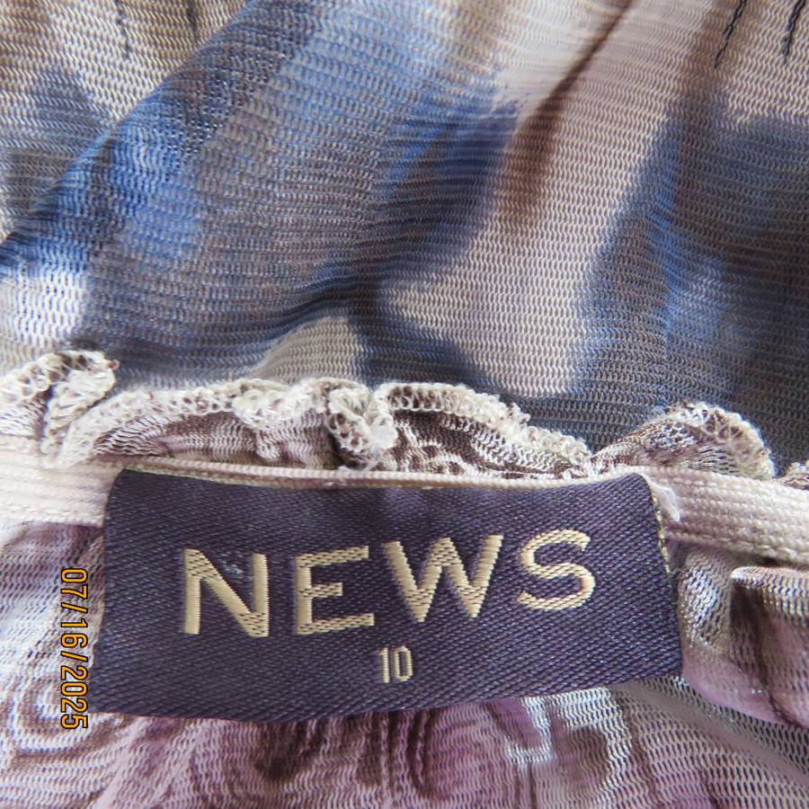 NEWS high-low empire style lined sheer polyester top in blue-cream and brown print. Size 34