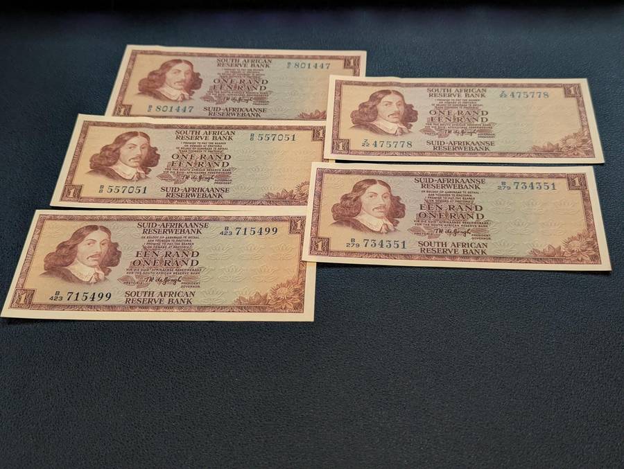 5 x TW de Jongh - One Rand Bank Notes