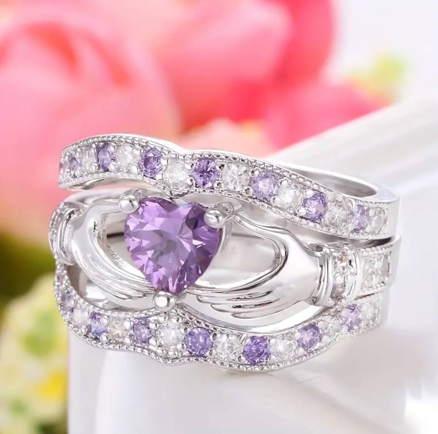 3pcs Trendy Rings, Classic Hollow Love Gesture Stacking Cubic Zirconia Ring