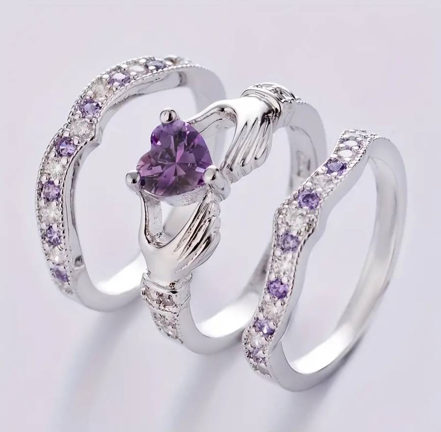3pcs Trendy Rings, Classic Hollow Love Gesture Stacking Cubic Zirconia Ring