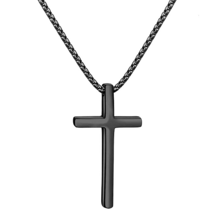 Cross Necklace for Men  316L Durable Stainless Steel Pendant in Black on 60cm Box Chain