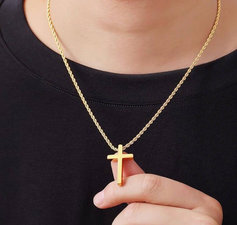 Cross Necklace for Men  316L Durable Stainless Steel Pendant in Gold on 55cm Rope Chain