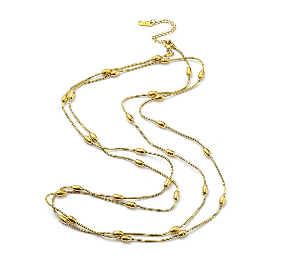 18K Gold Plated Multi Layer Oval Bead Necklace  Non-Tarnish, Hypoallergenic