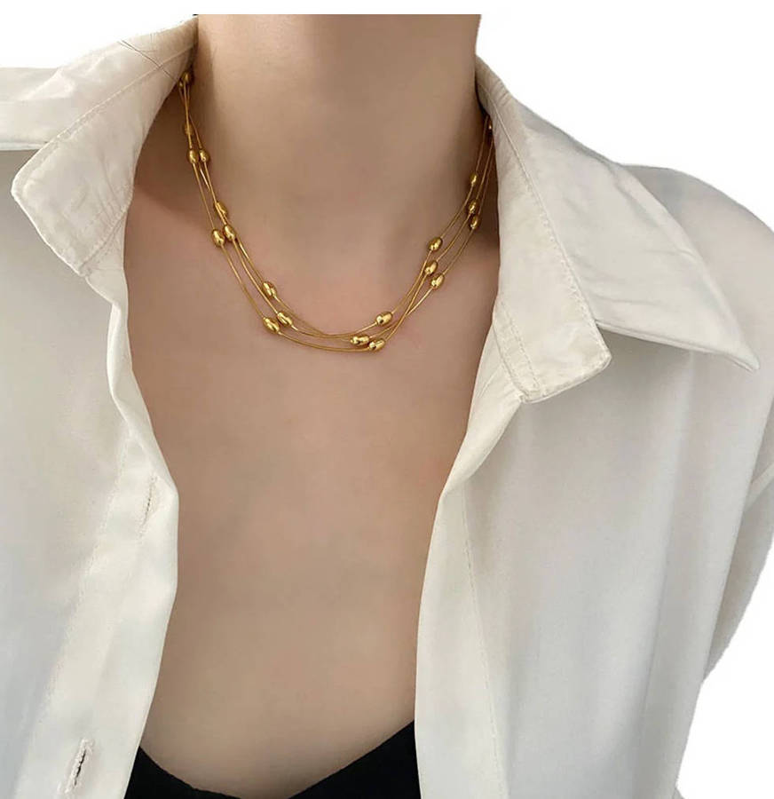 18K Gold Plated Multi Layer Oval Bead Necklace  Non-Tarnish, Hypoallergenic