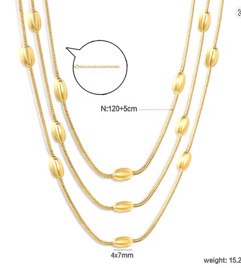 18K Gold Plated Multi Layer Oval Bead Necklace  Non-Tarnish, Hypoallergenic