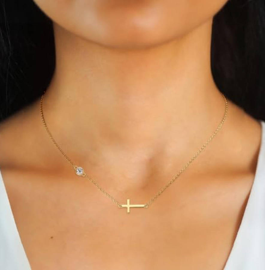 18k Gold Plated Non Tarnish Stainless Steel Cross Pendant Necklace with White Gemstone