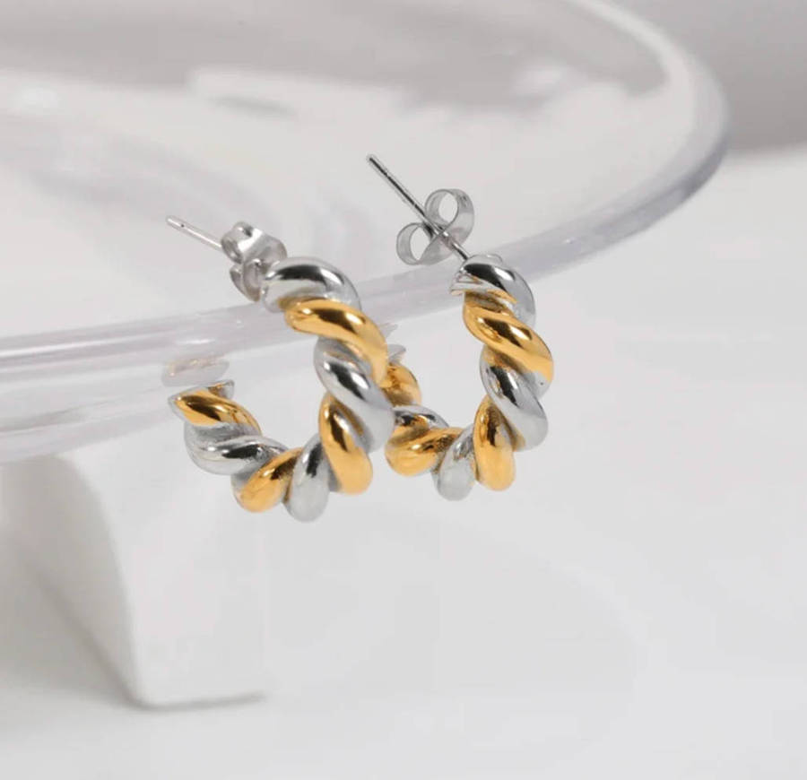 Braided Two Tone Silver and Gold Non Tarnish Earrings in Jewellery Box