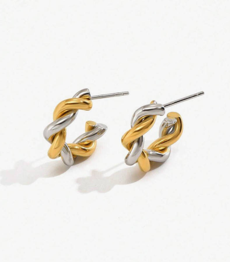 Braided Two Tone Silver and Gold Non Tarnish Earrings in Jewellery Box