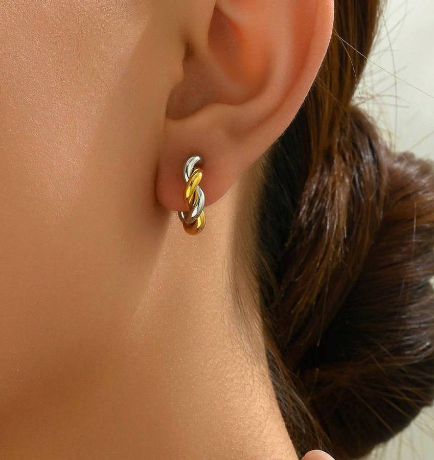 Braided Two Tone Silver and Gold Non Tarnish Earrings in Jewellery Box