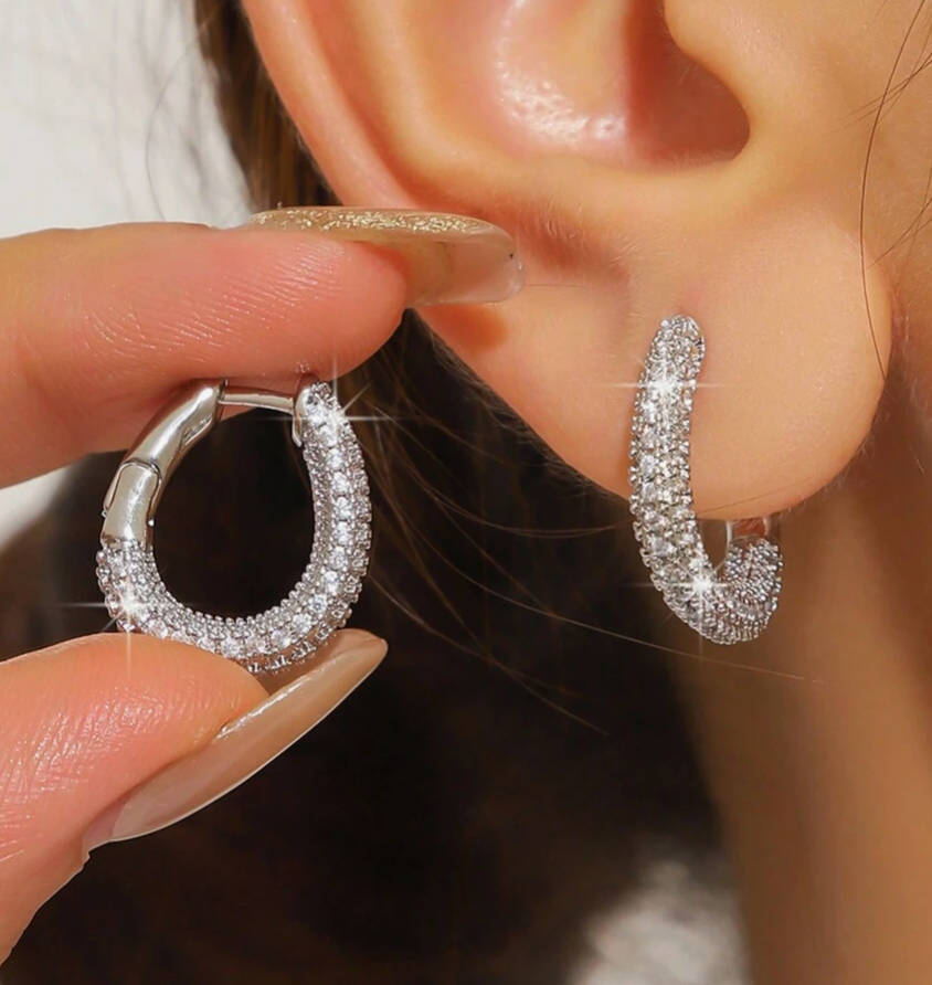 Elegant Crystal Pavé Huggie Hoop Earrings  Silver Plated in Velvet Jewelry Gift Box