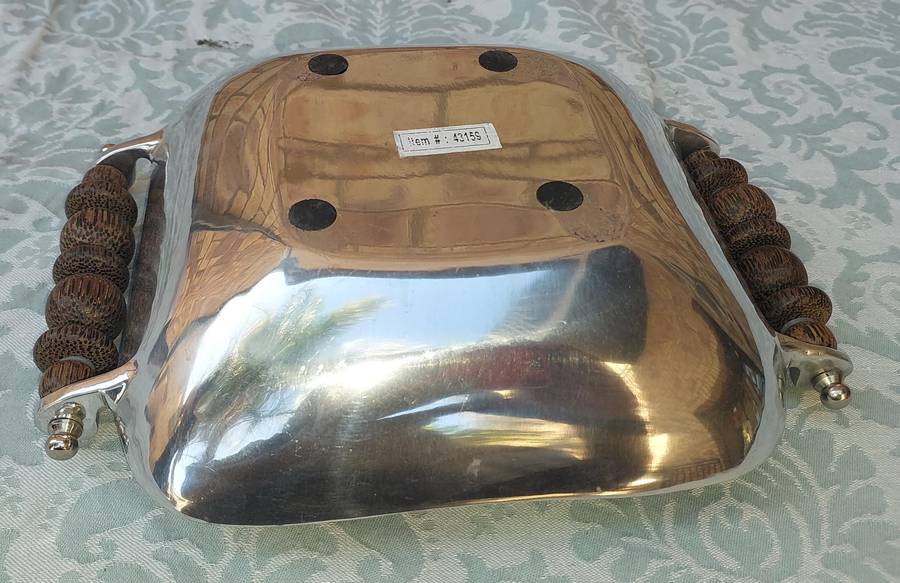 AN ART DECOR PEWTER SQUARE WITH WOODEN HANDLES SERVING TRAY SOLD AS IS