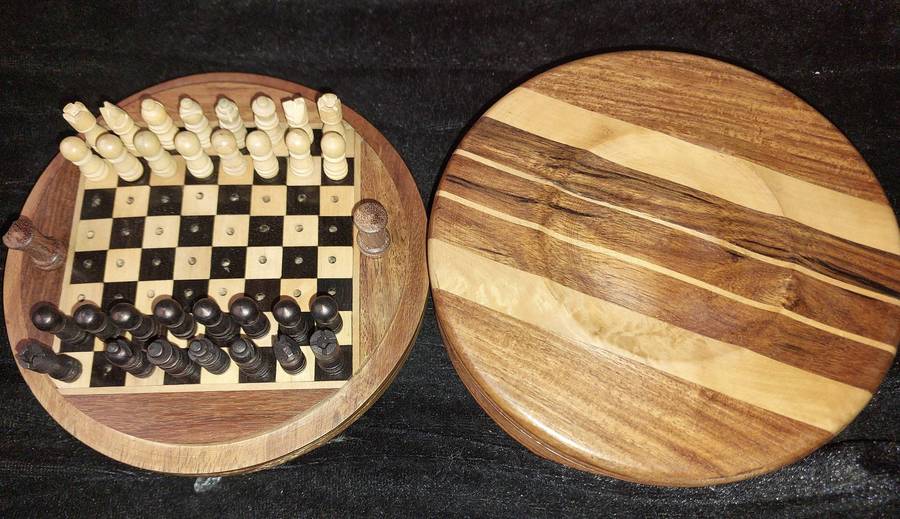 A HARD WOOD CHESS BOARD POCKET SIZE MADE IN INDIA SOLD AS IS