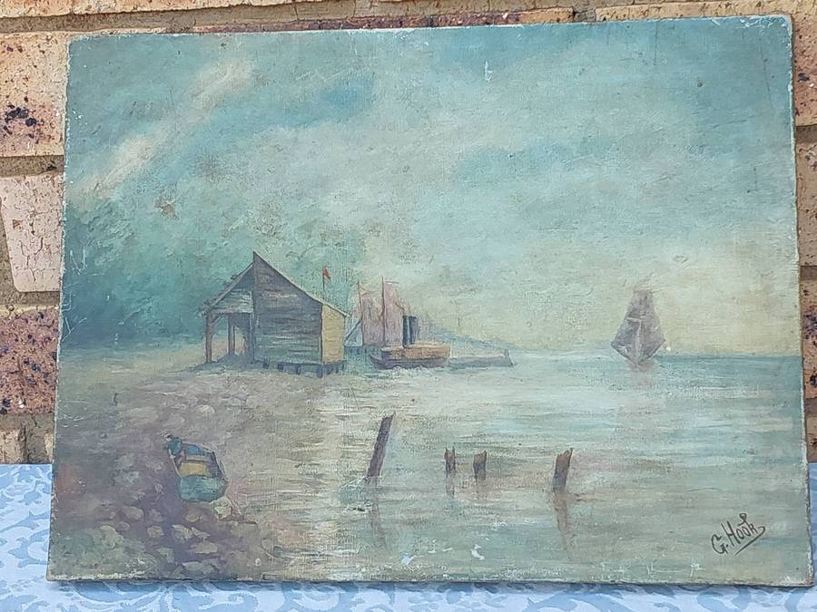 A VINTAGE ART PIECE ON CANVAS BY ARTIST G HOOK SOLD AS IS