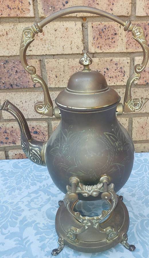 Antique Ornate Metal Teapot with Stand  Intricate Floral Engraving made in India sold as is