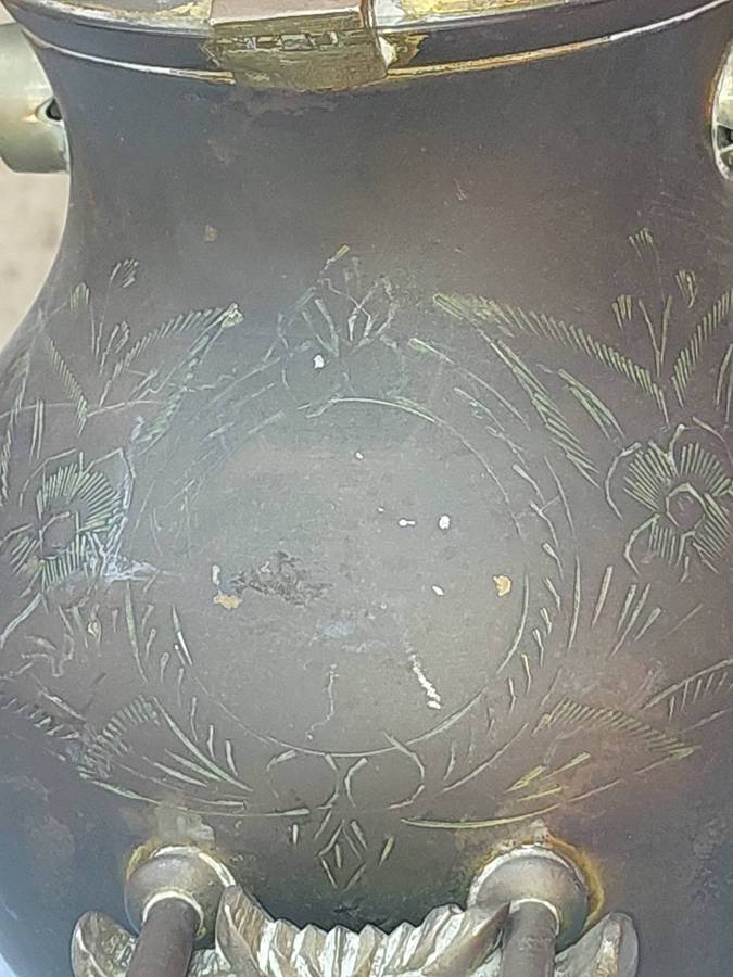 Antique Ornate Metal Teapot with Stand  Intricate Floral Engraving made in India sold as is