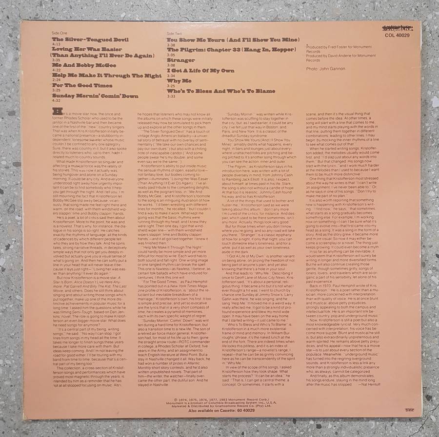 KRIS KRISTOFFERSON - SONGS OF KRISTOFFERSON Vinyl, LP, Compilation Country: South Africa 1983