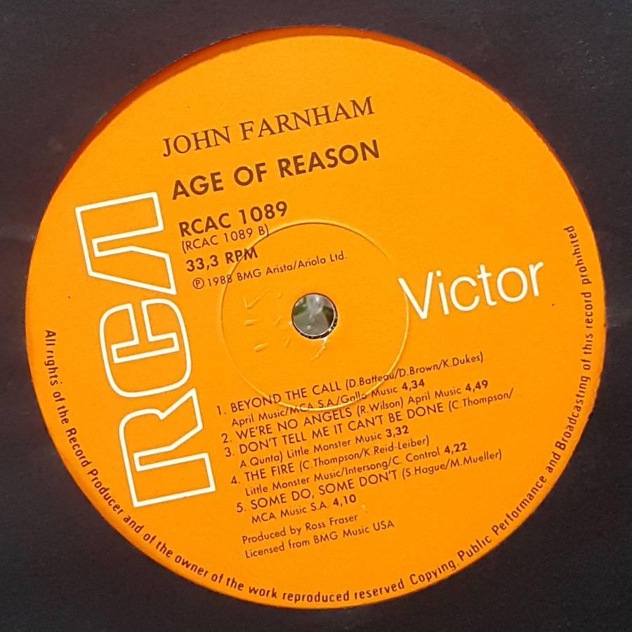 JOHN FARNHAM - AGE OF REASON Vinyl, LP, Album Country: South Africa Released: 1988