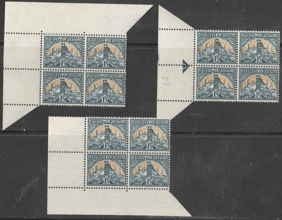 UNION OF SOUTH AFRICA      3 X BLOCKS OF 4       1941  2 CORNER  1 - ARROW   MM