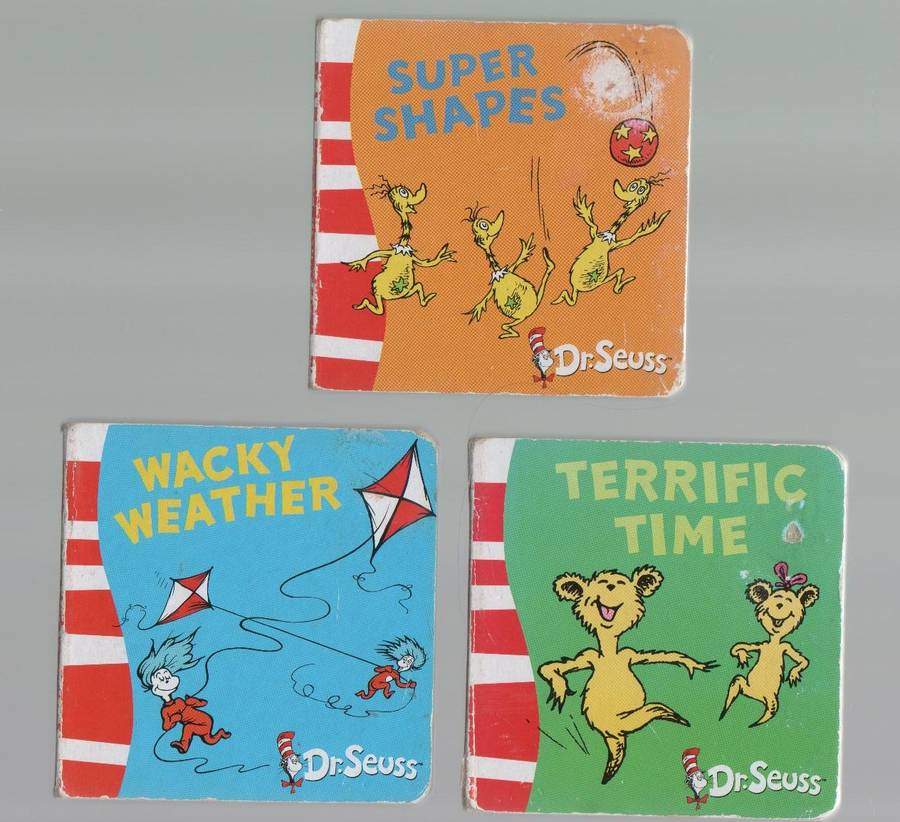 THREE SMALL CARD BOARD DR SEUSS BOOKS:SUPER SHAPES , WACKY WEATHER, TERRIFIC TIME (1 ST PUBL 2011)