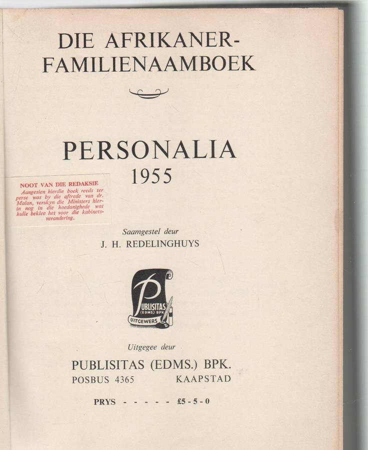 DIE AFRIKANER FAMILIENAAMBOEK EN PERSONALIA 1955 - J H REDELINGHUYS