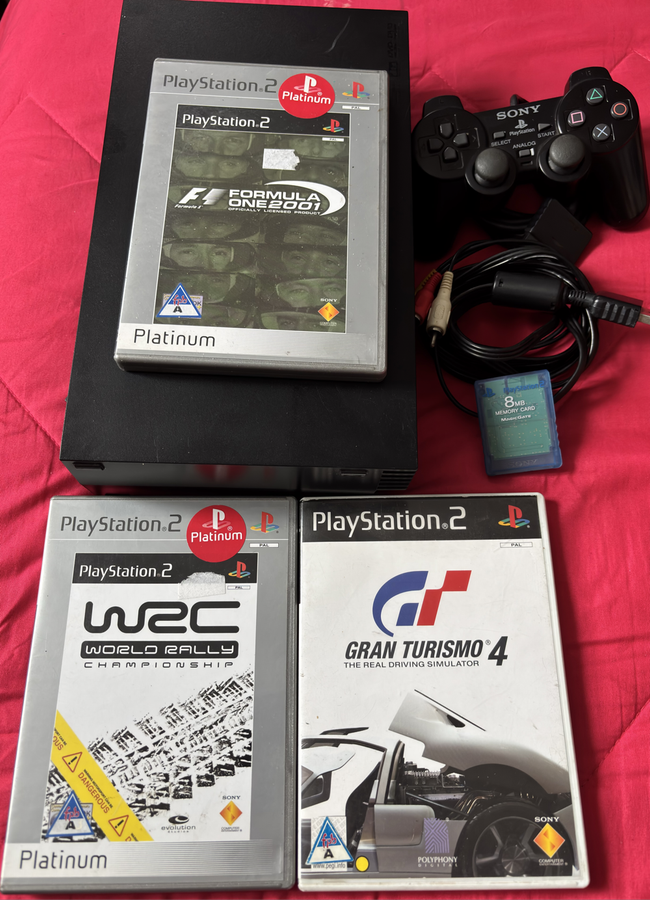 PS2 Play Station 2 Power & AV Cables, 8 MB Memory Card, OEM Controller & 3 Racing Games