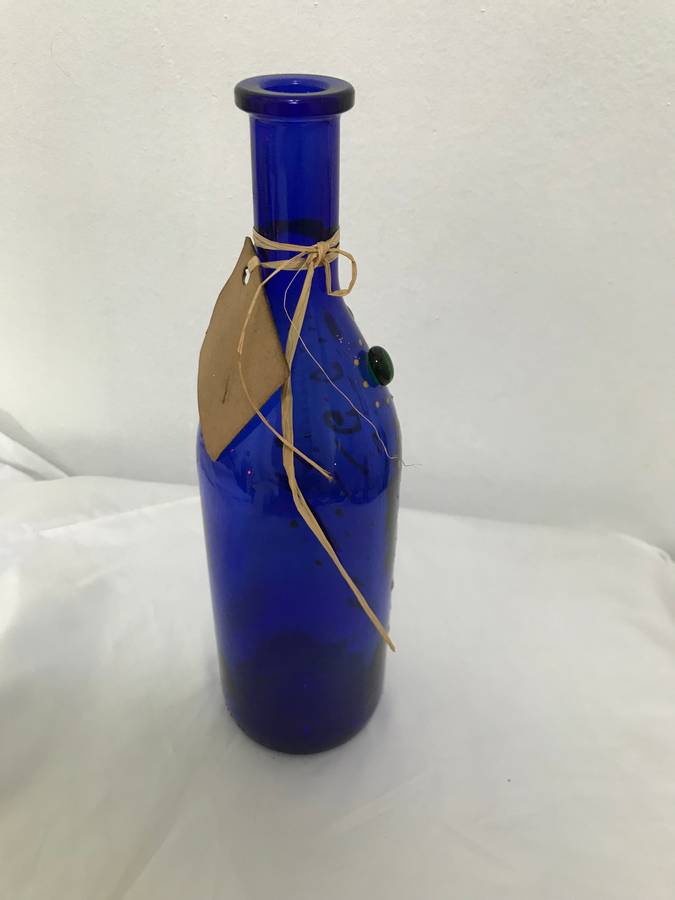 Vintage Cobalt Blue Glass Bottle HAND PAINTED, UNIQUE