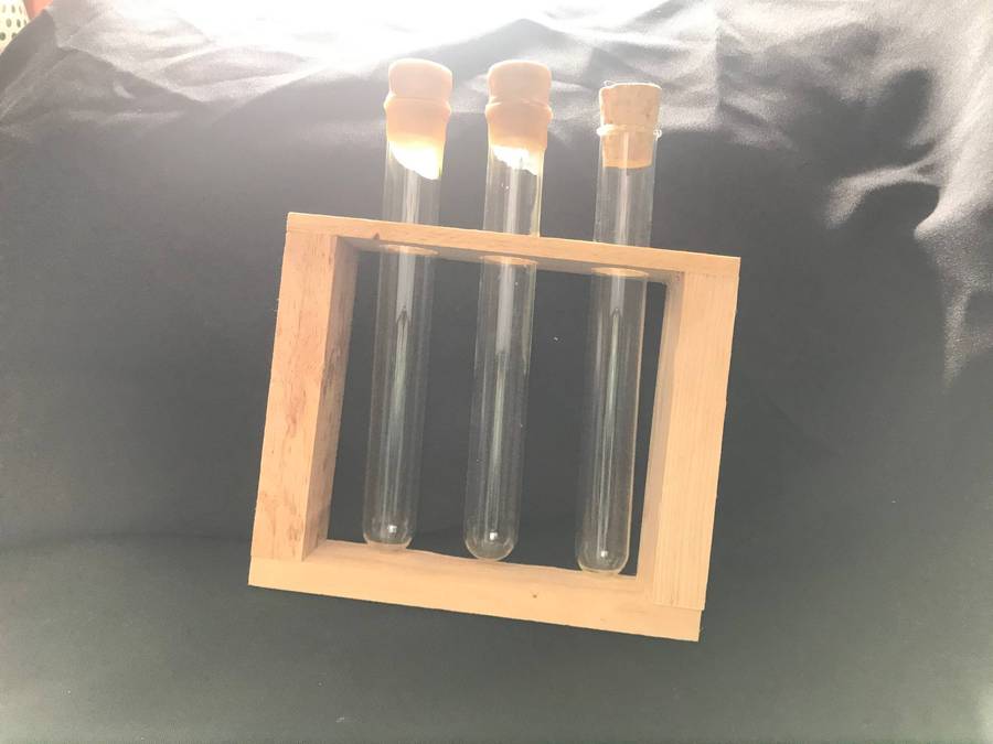 Test Tube Holder : 3-Hole Wood Block with 3 Pyrex Glass tubes with corks lab test