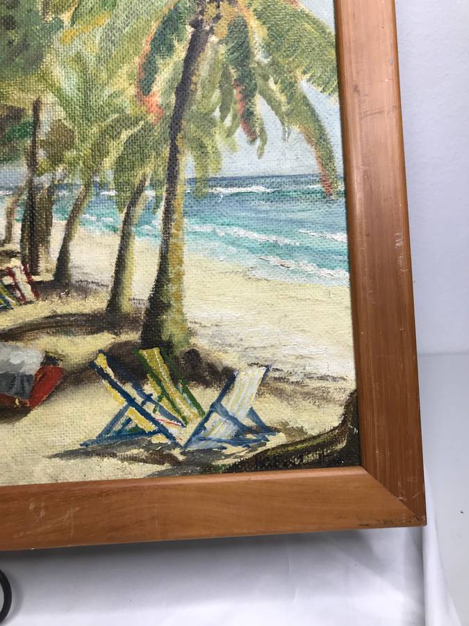 Oil on Board Painting Beachfront Trees Palm Houses Boat mid century frame 66cm x 51cm signed