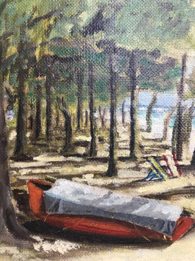 Oil on Board Painting Beachfront Trees Palm Houses Boat mid century frame 66cm x 51cm signed