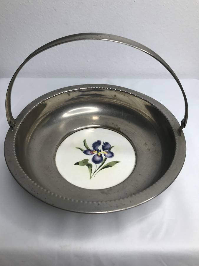 Silver Vintage Bowl with Ceramic Porcelain Centre Painted Art Deco Mid Century marked 1311