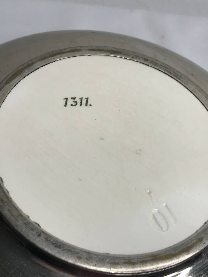 Silver Vintage Bowl with Ceramic Porcelain Centre Painted Art Deco Mid Century marked 1311