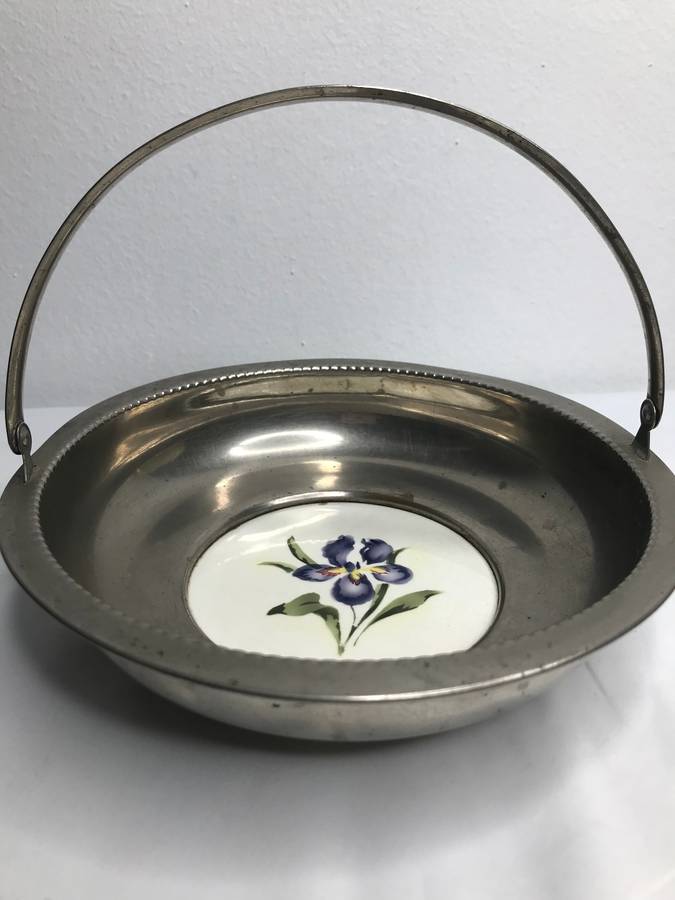 Silver Vintage Bowl with Ceramic Porcelain Centre Painted Art Deco Mid Century marked 1311