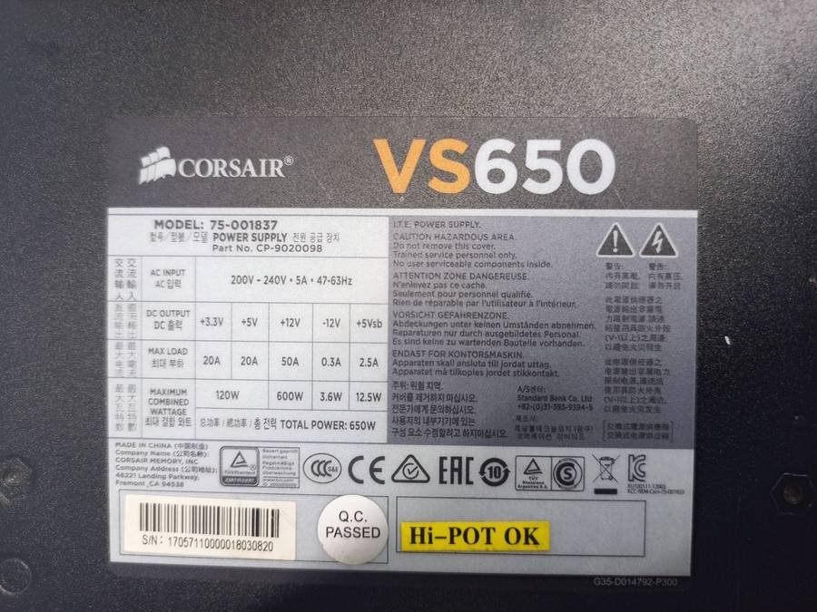 CORSAIR VS650 POWER SUPPLY 75-00183 - [P/N: CP-9020098]