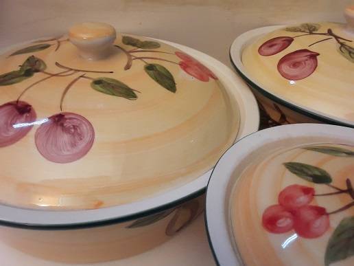 Set of Three Durastone Hand Painted Designs Lidded Dishes 22 cm , 19 cm and 14 cm