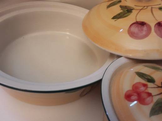 Set of Three Durastone Hand Painted Designs Lidded Dishes 22 cm , 19 cm and 14 cm